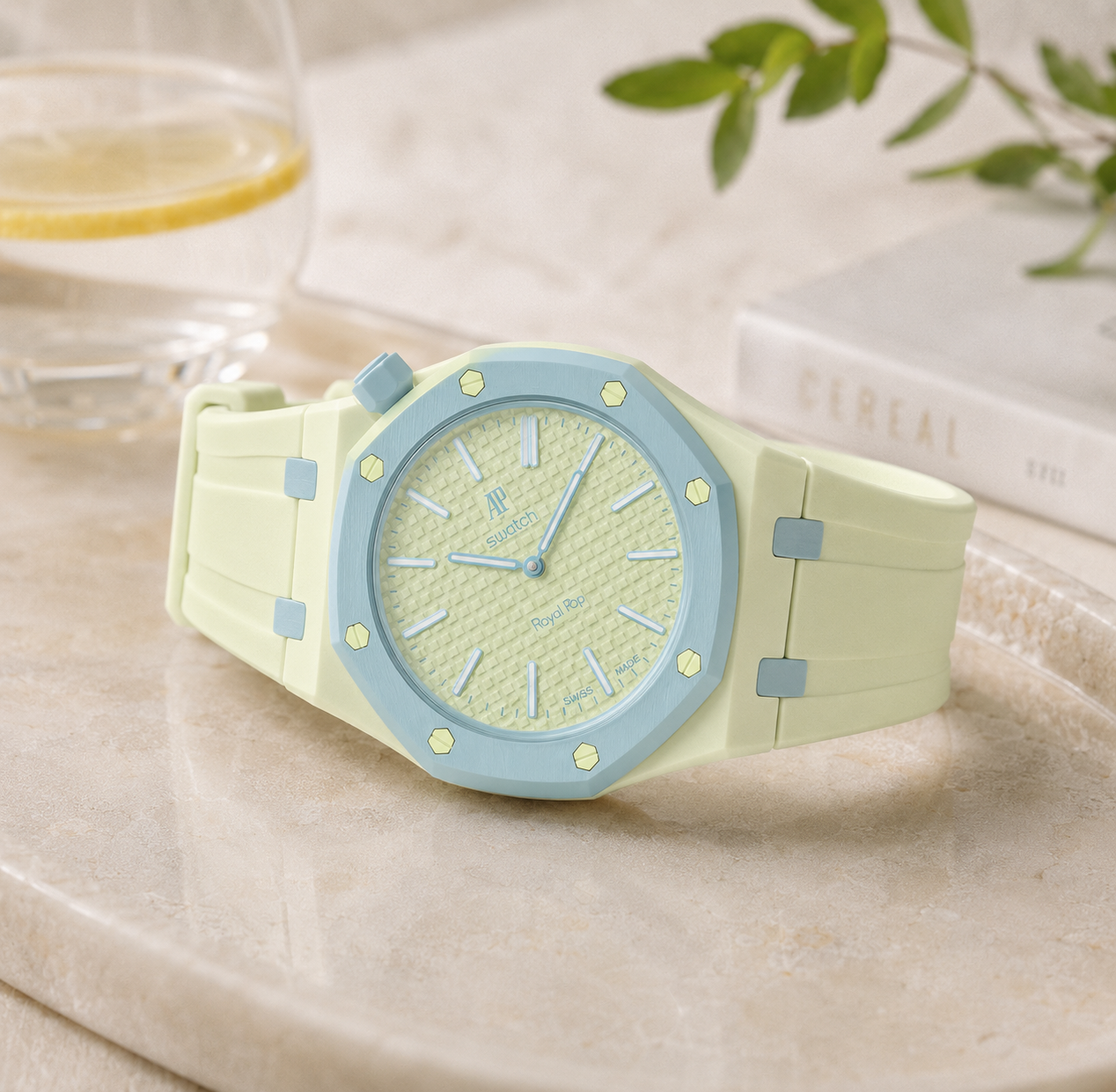 Swatch x Audemars Piguet Royal Pop Blaue Acht Lépine case-strap wristwatch mockup — by Delugs