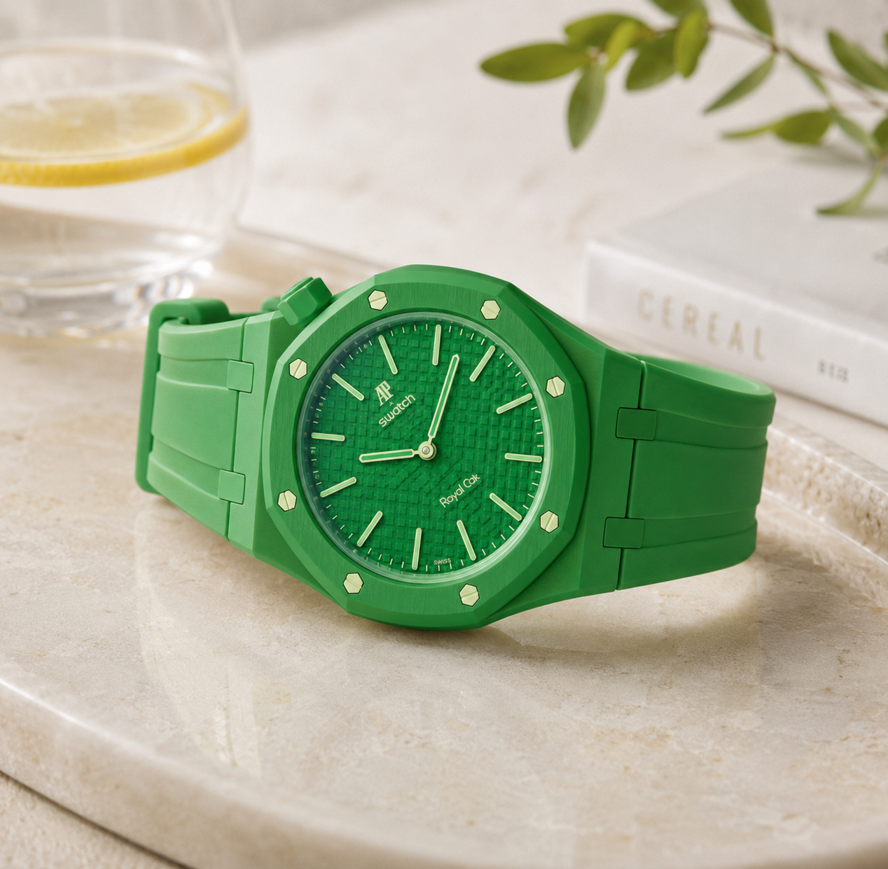Swatch x Audemars Piguet Royal Pop Green Eight Lépine case-strap wristwatch mockup — by Delugs