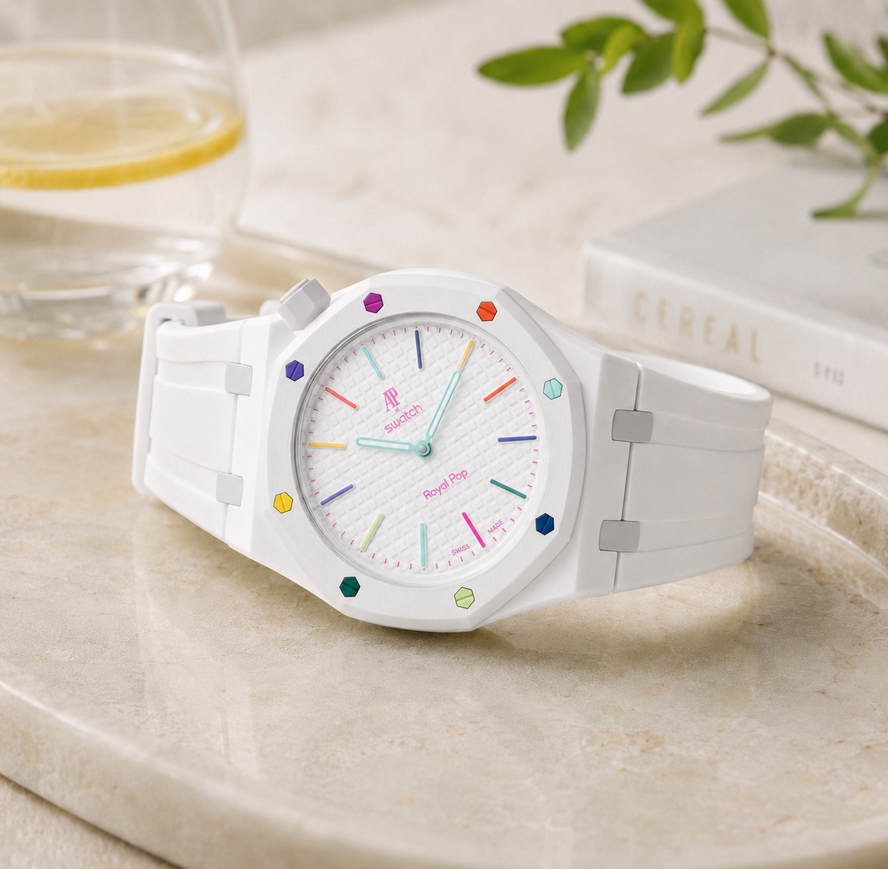 Swatch x Audemars Piguet Royal Pop Huit Blanc Lépine case-strap wristwatch mockup — by Delugs