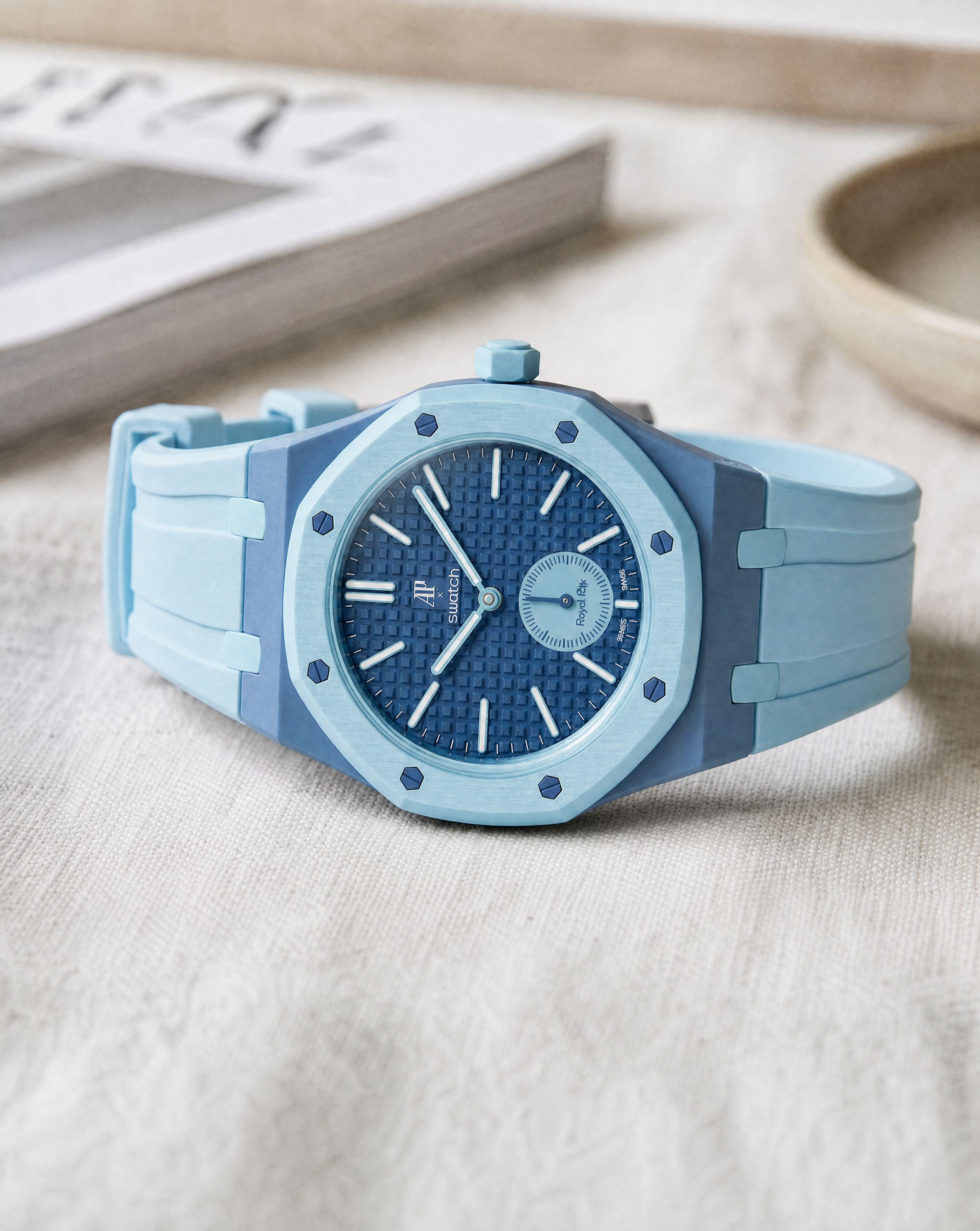 Swatch x Audemars Piguet Royal Pop Lan Ba Savonette case-strap wristwatch mockup — by Delugs