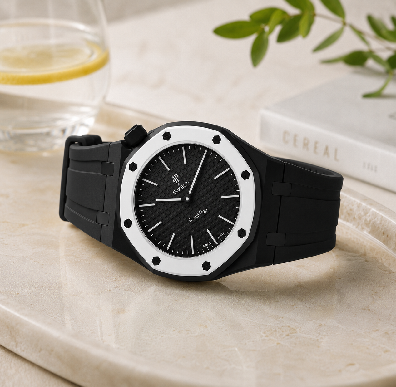 Swatch x Audemars Piguet Royal Pop Ocho Negro Lépine case-strap wristwatch mockup — by Delugs