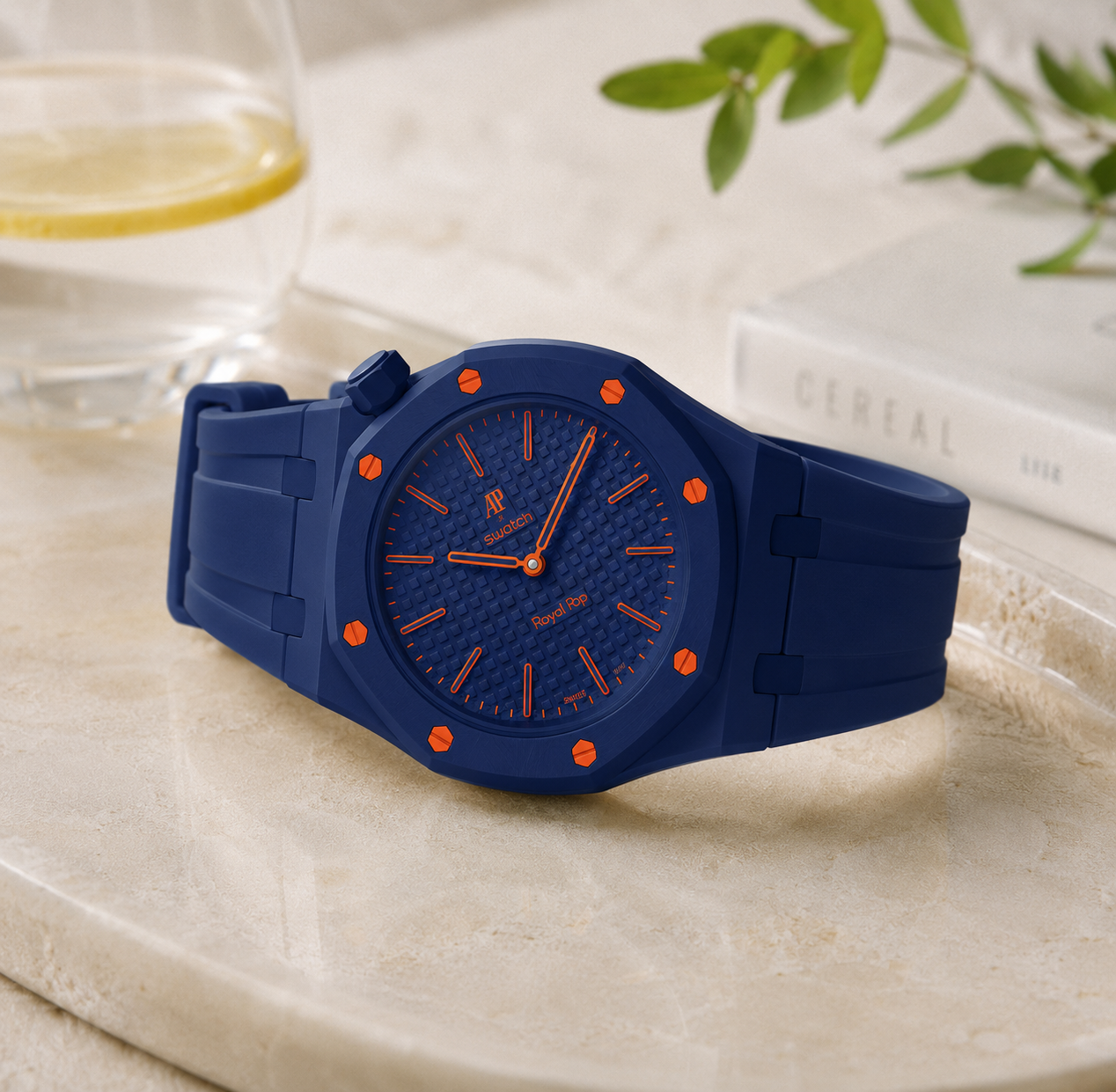 Swatch x Audemars Piguet Royal Pop Orenji Hachi Lépine case-strap wristwatch mockup — by Delugs