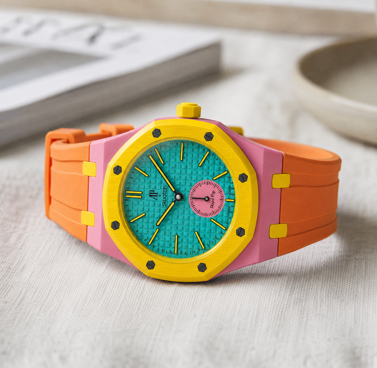 Swatch x Audemars Piguet Royal Pop OTG ROZ Savonette case-strap wristwatch mockup — by Delugs