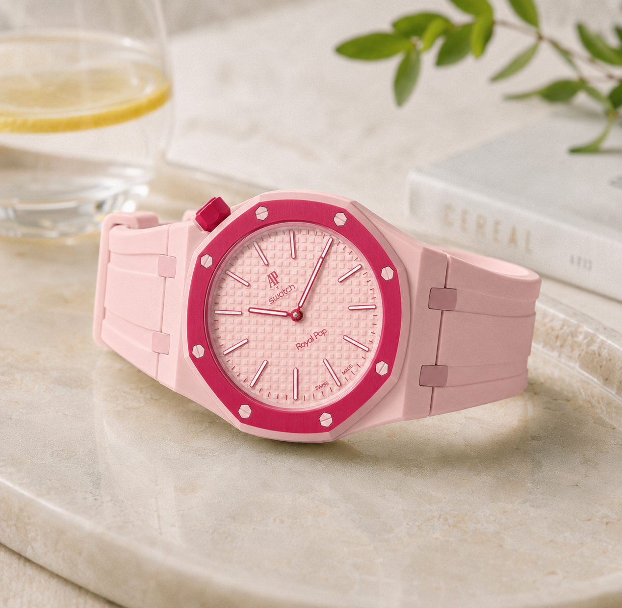 Swatch x Audemars Piguet Royal Pop Otto Rosso Lépine case-strap wristwatch mockup — by Delugs